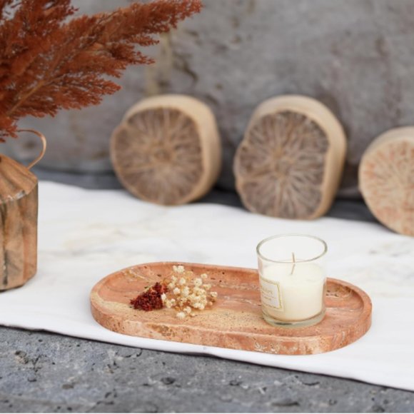 12"  Turkish Red Travertine Tray - Luxury Vanity Decorative Tray for Countertop - Picture 8 of 12